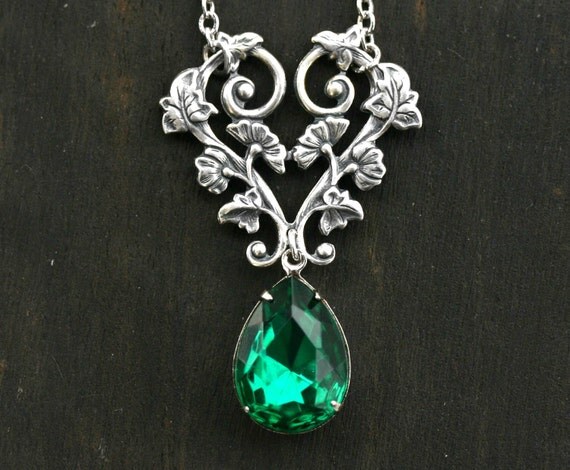Emerald Necklace with Twisted Vine and Teardrop Crystal