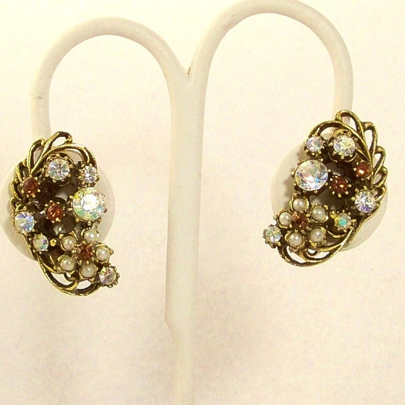 Vintage Florenza Earrings 1960s Clip Ons Aurora Borealis