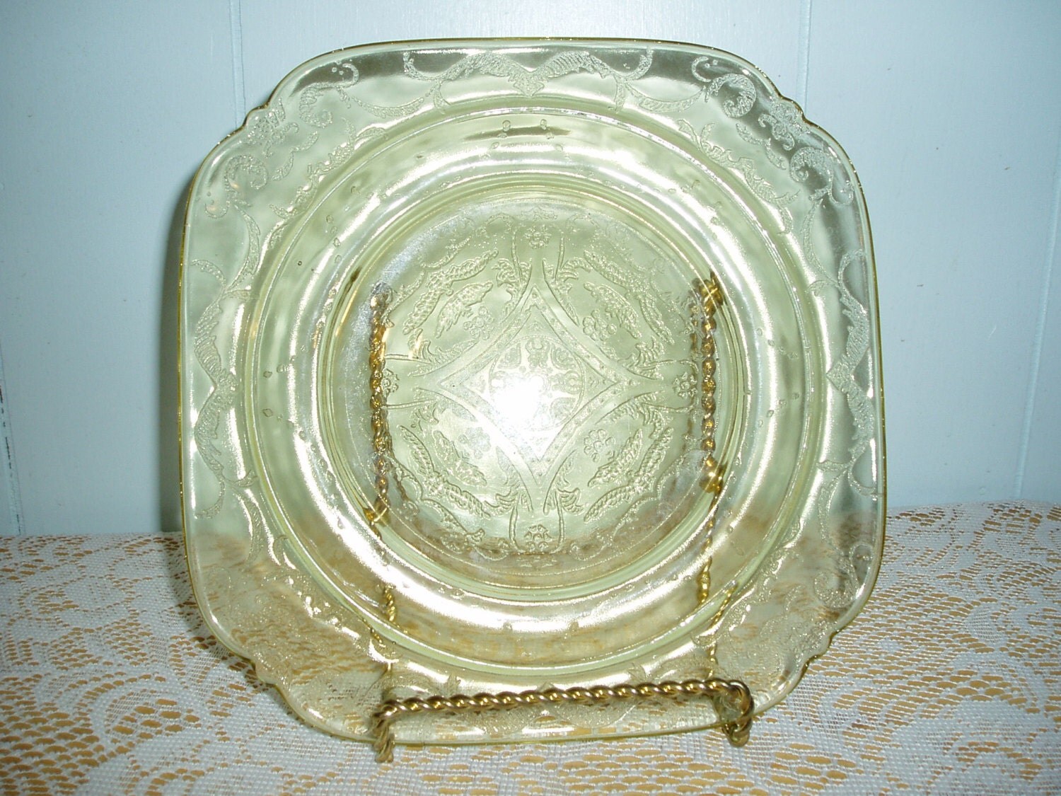Three Yellow/Amber Depression Glass Square Salad Plates