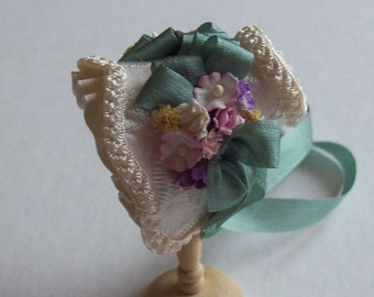 Handmade 1/12th scale dollhouse miniature beautiful ivory silk bonnet