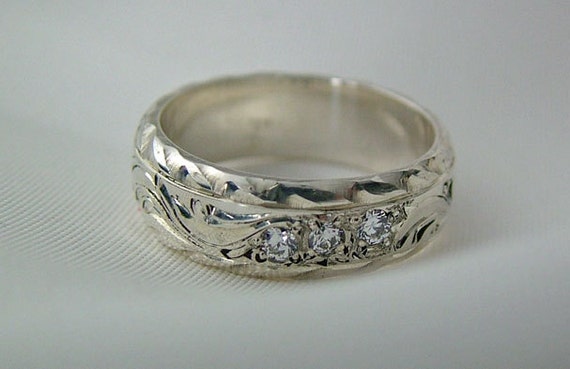 Sterling Silver Engraved Band Ring with CZ's