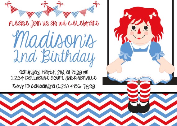 Raggedy Ann Doll Inspired Invitation - Girl Birthday - PRINTABLE Il_570xn