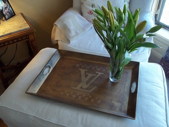 Items similar to Louis Vuitton Hand Painted Brown and Gold Tray Large Home Decor Metal Tray LV ...