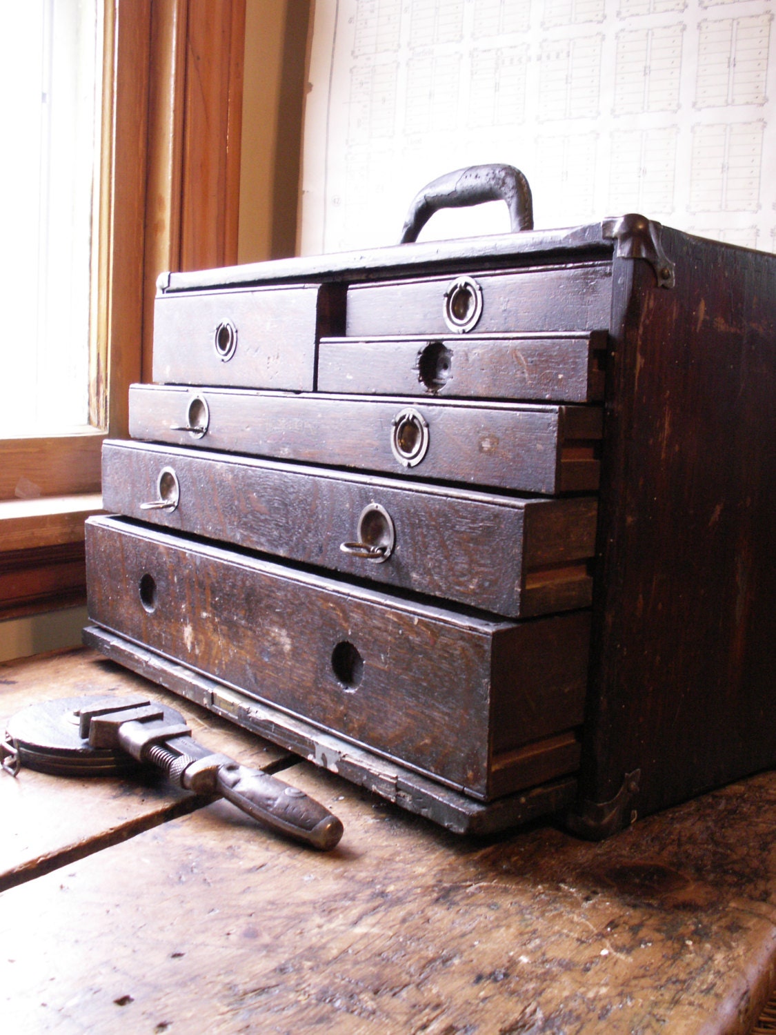 Vintage Union Tool Chest Wood Machinist's Chest with Six