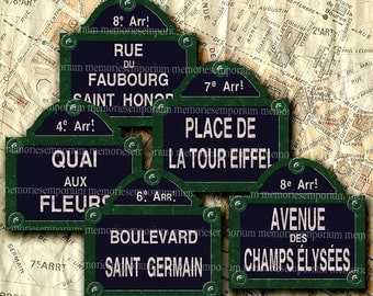 Shabby Chic Paris Vintage Street Signs 2 x 2 inches Old French Rues Boulevards Avenues Digital Collage Sheet Instant Download 181