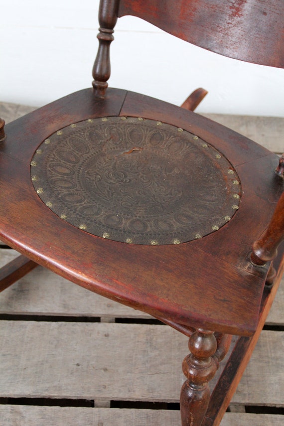 Antique Rocking Chair with Tooled Leather Seat