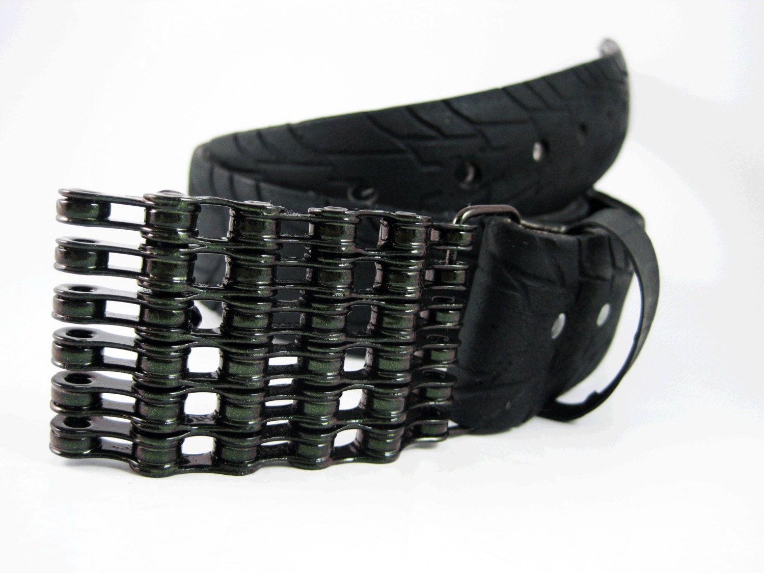 Recycled Bike Chain Belt Buckle Curved Iridescent Green