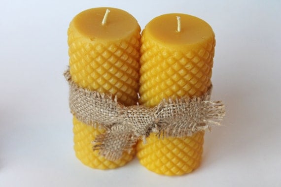  beeswax diamond pillars, set of 2, pair of pure beeswax candles