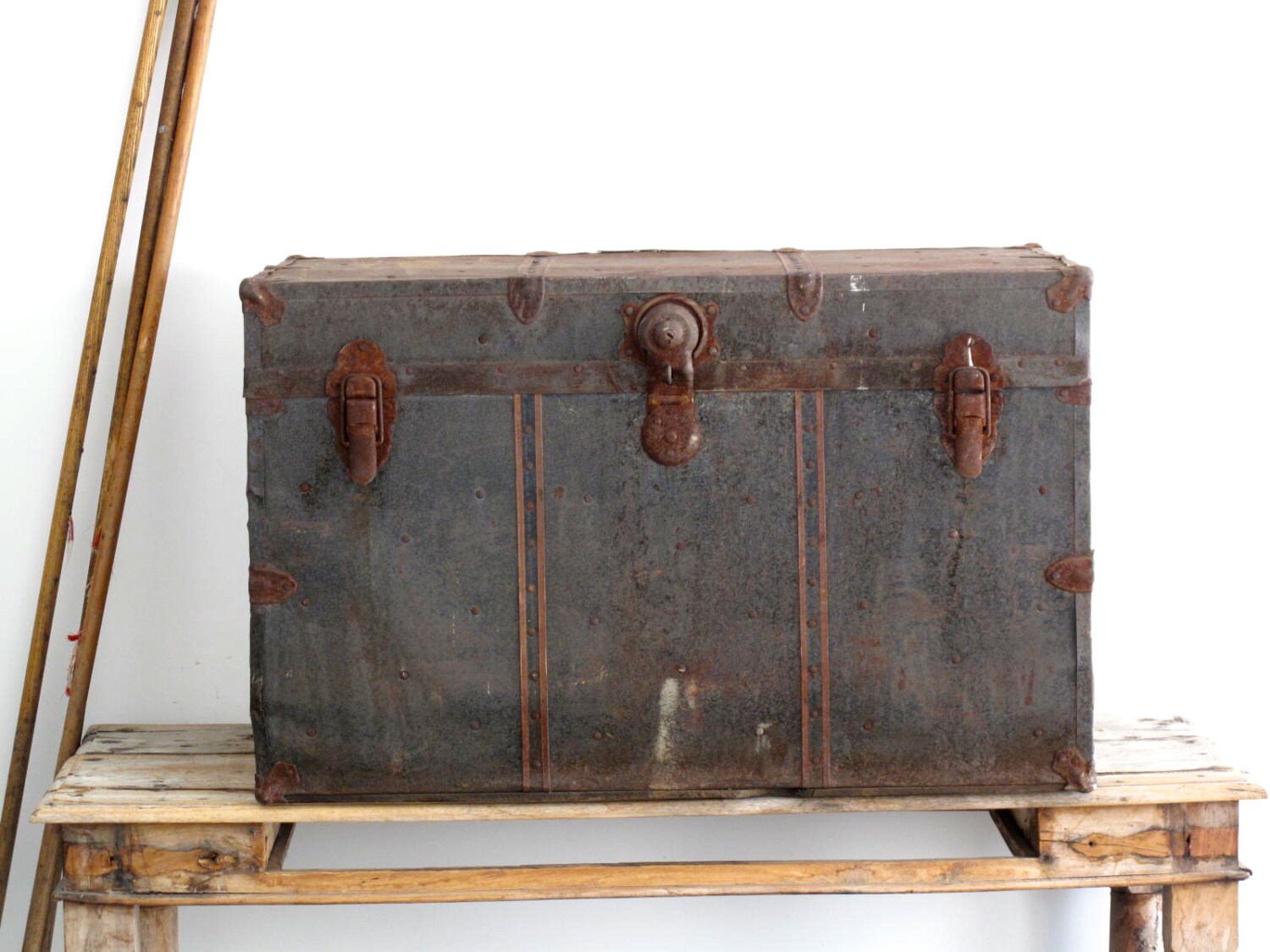 RESERVED Antique Black Metal Trunk Large by SnapshotVintage