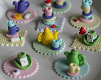 Fondant Baby Shower Wonderland Tea Party Toppers with Teapots, Teacups, Mushrooms and Hats for Decorating Cupcakes or Cookies