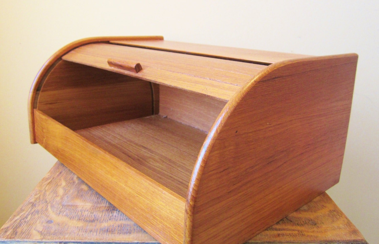 Vintage Teak Bread Box Roll Top Storage Tambour Lid Circa