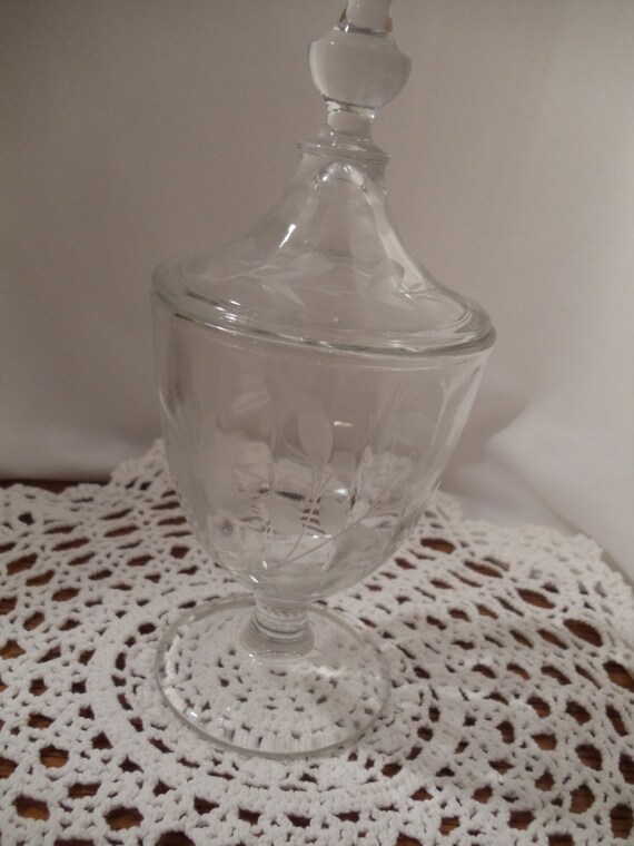Footed Crystal Etched Glass Apothecary Jar with Lid
