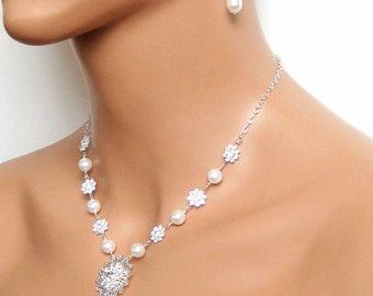 Emma Bridal Necklace, Pearl Drop Wedding Necklace, Rhinestone Bridal Jewelry, Bridesmaids Pendant, Wedding Jewelry