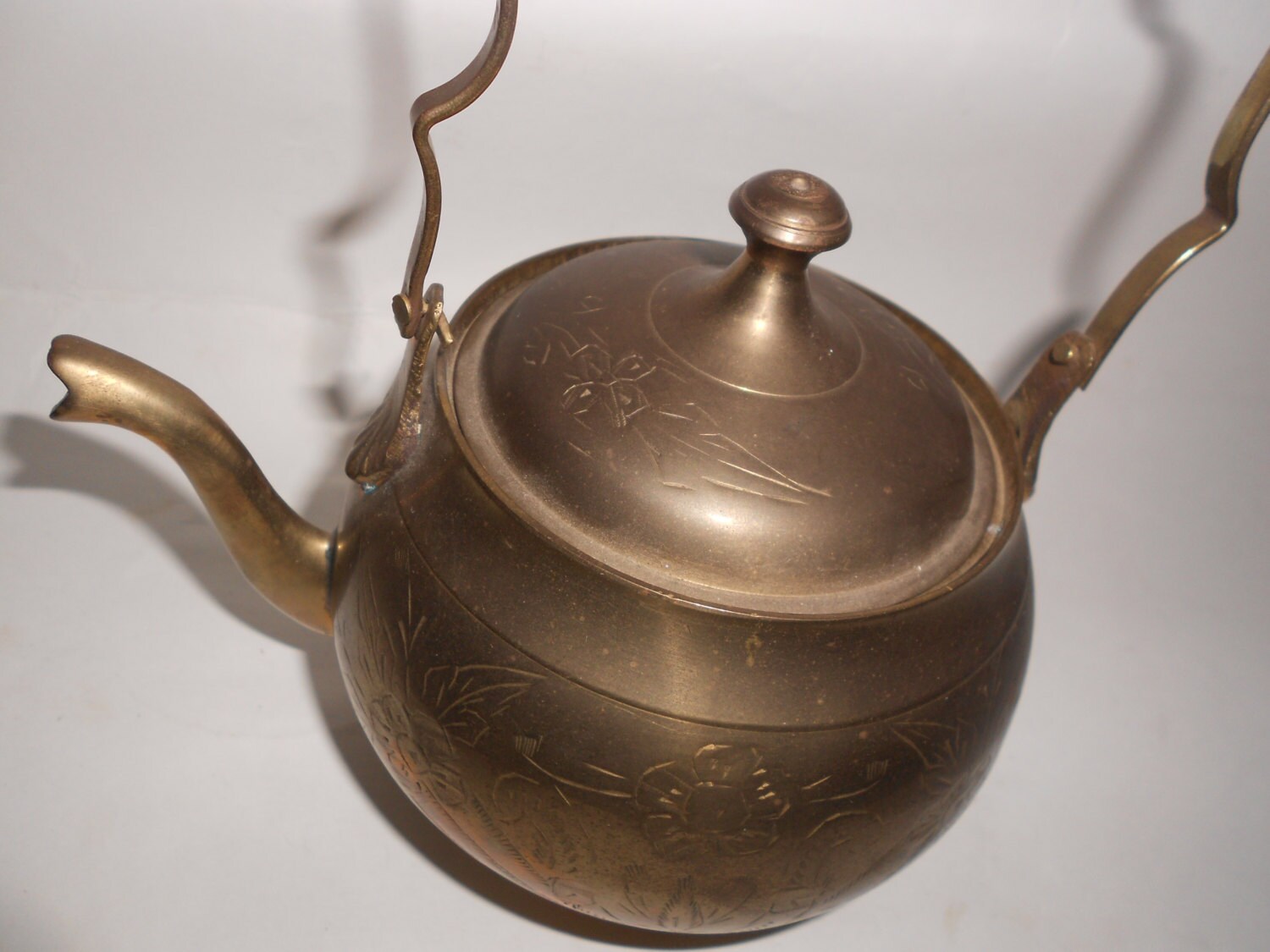 Vintage Brass Tea Pot with Scalloped Shaped Handle made in