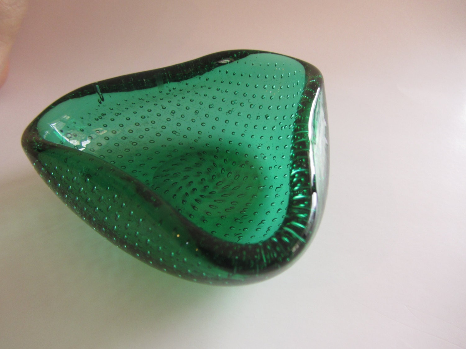 Vintage Murano Style Green Glass Ashtray with Bubbles