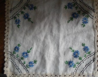 Vintage 1950s to 1960s Doily Blue Flowers Embroidered Crocheted Green Black