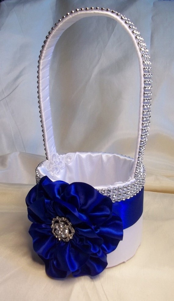 Flower Girl Basket with Royal Blue Flower and Rhinestone Mesh