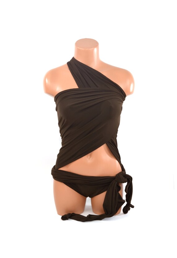 Large Bathing Suit Solid Chocolate Brown Wrap Around Swimsuit
