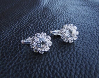 Rhinestone clip on earrings, Round solitary diamond look alike bridal earrings