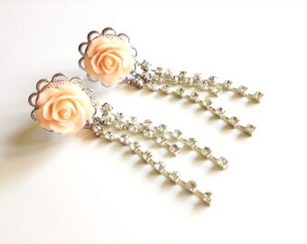 Wedding Plugs 10mm Dangle Plugs Rose Gauges with Rhinestone Chains 00g Gauged Earrings Body Jewelry 24 Colors Bridal Crystal Ear Plugs