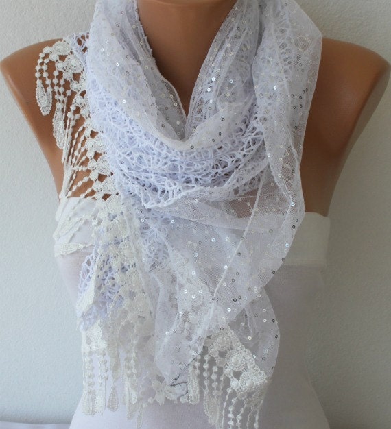 White Lace Scarf Shawl Scarf Cowl with Sequin
