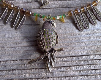 BRASS pendant,feathers,cloisenne beads necklace 20 inch