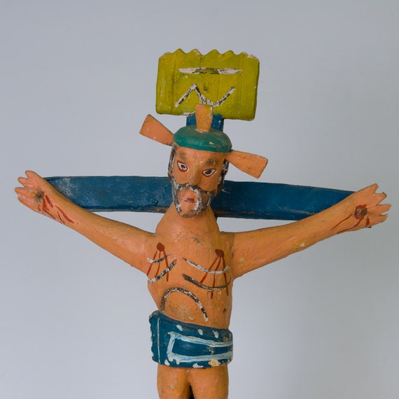 Vintage Carved Wood Mexican Religious Folk Art Cross Crucifix