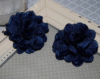 Flax Fabric Flowers - Navy Blue linen Burlap fabric flowers (2 pcs) - use for headbands - hair hat shoe clips rustic vintage decorations