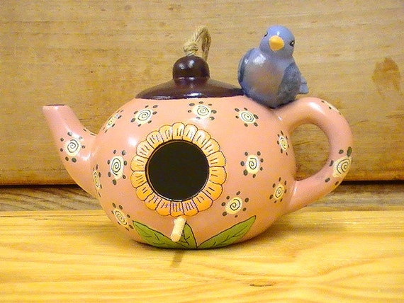 Teapot Birdhouse Handpainted Ceramic