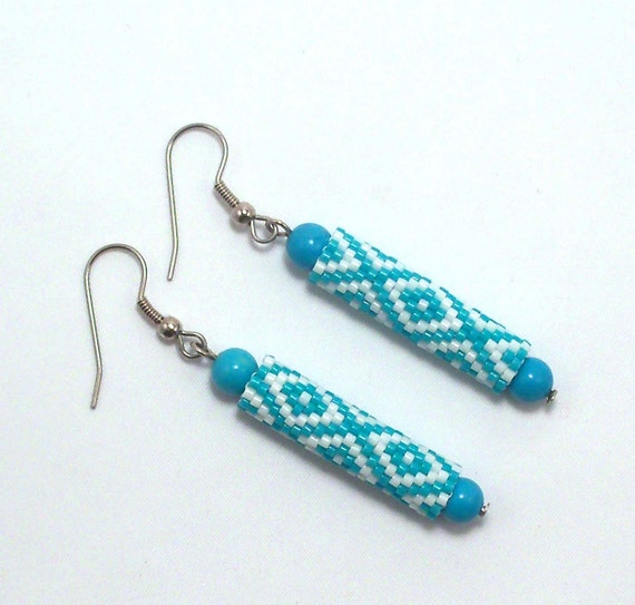 Items similar to Turquoise & White Diamond Cylinder Beadwork Earrings ...