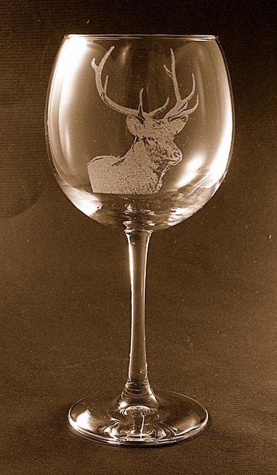 Etched Elk /Deer on Elegant Wine Glass set of 2