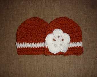 Boy/Girl Twin Baby Burnt Orange and White Crochet Hats/Beanies, UT, Longhorn, Univ. of Texas
