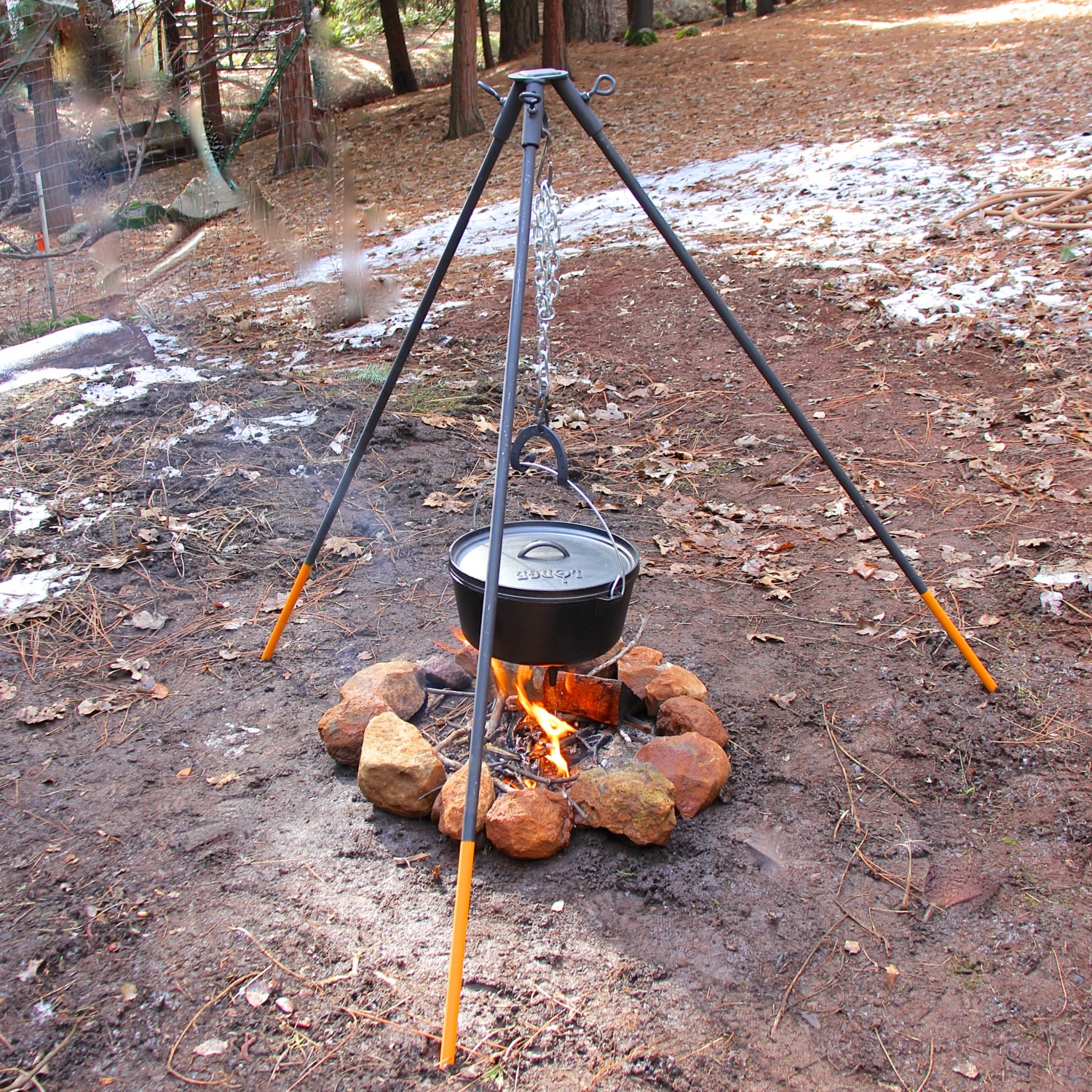 Sturdy Tripod Campfire Stand for use over a wood fire cook