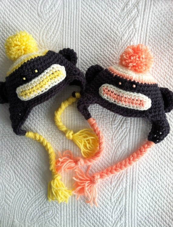 Sock Monkey Hat, Child Animal Hat, Monkey Hat, Crochet Baby Hat, Twin Hats, Baby Hat, Newborn Hat, Winter Hat