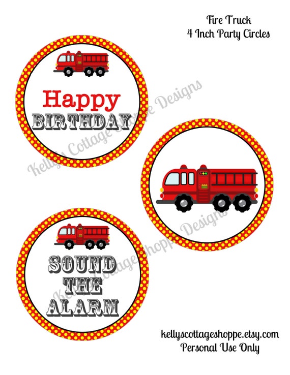 Fire Truck Birthday 4 Inch Party Circles, Instant Download, Printable, Digital Il_570xn