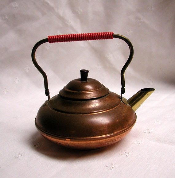 Dutch small copper plated tea kettle red spiral handle