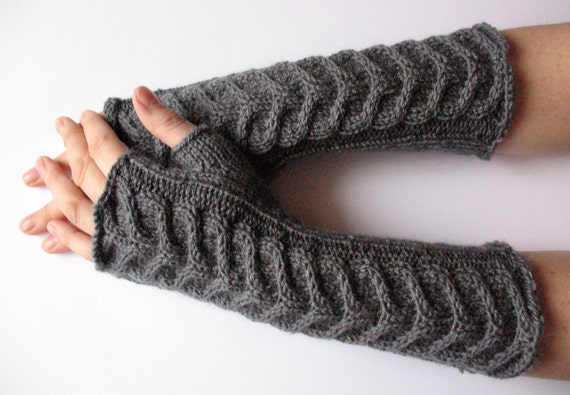 Fingerless Gloves Long Dark Gray 10" Mittens Arm Warmers, Acrylic Wool