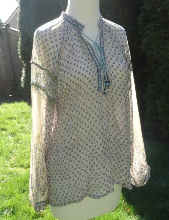 Vintage Sheer Made in India Cotton Peasant Blouse Shirt Boho