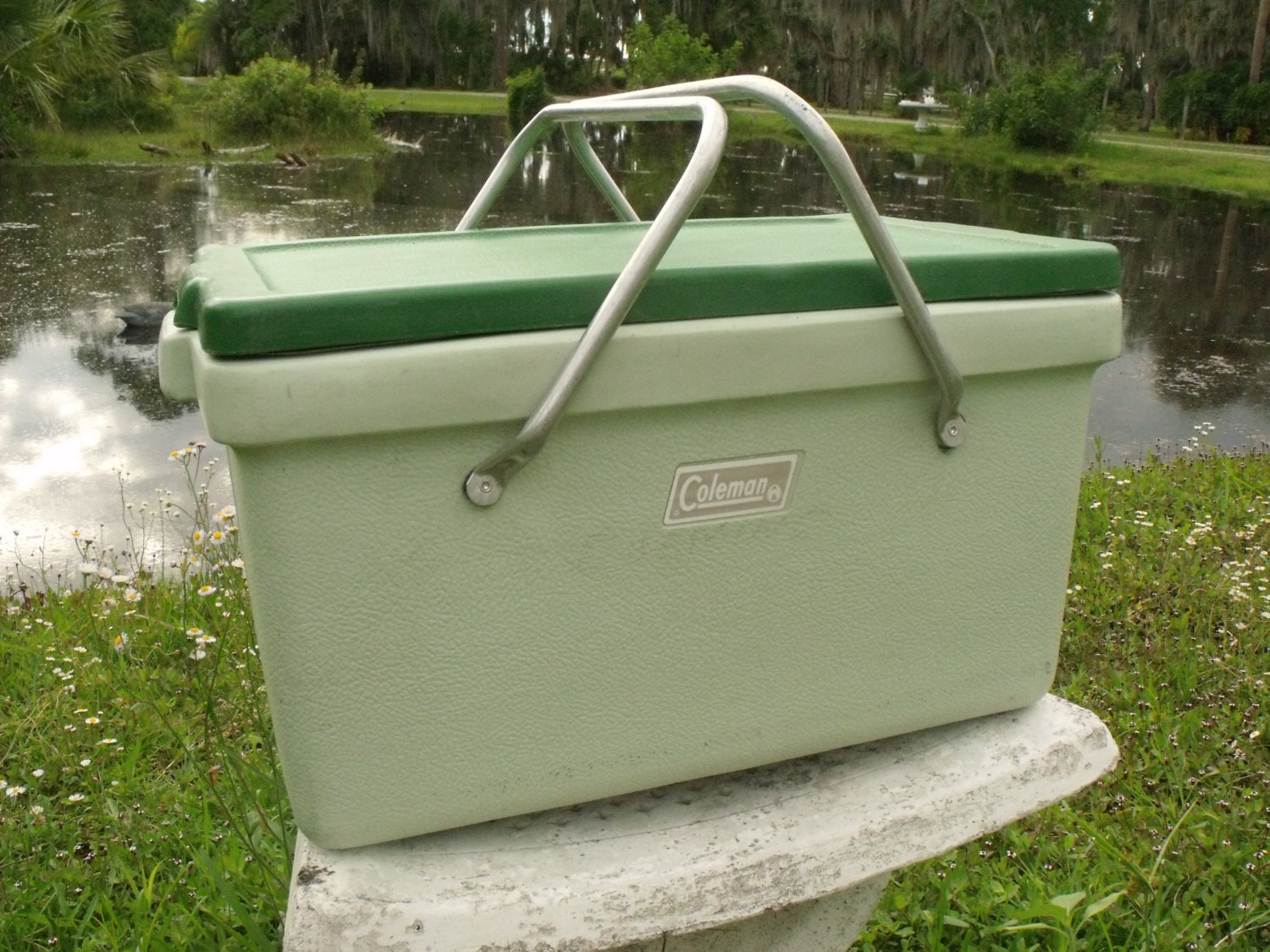 Coleman Cooler Vintage Plastic Green Aluminum Handles Retro