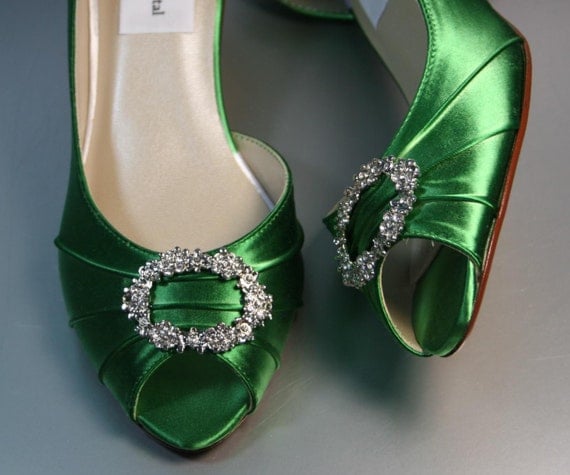 SAMPLE SALE Wedding Shoes -- Emerald Green Peeptoes with Rhinestone ...