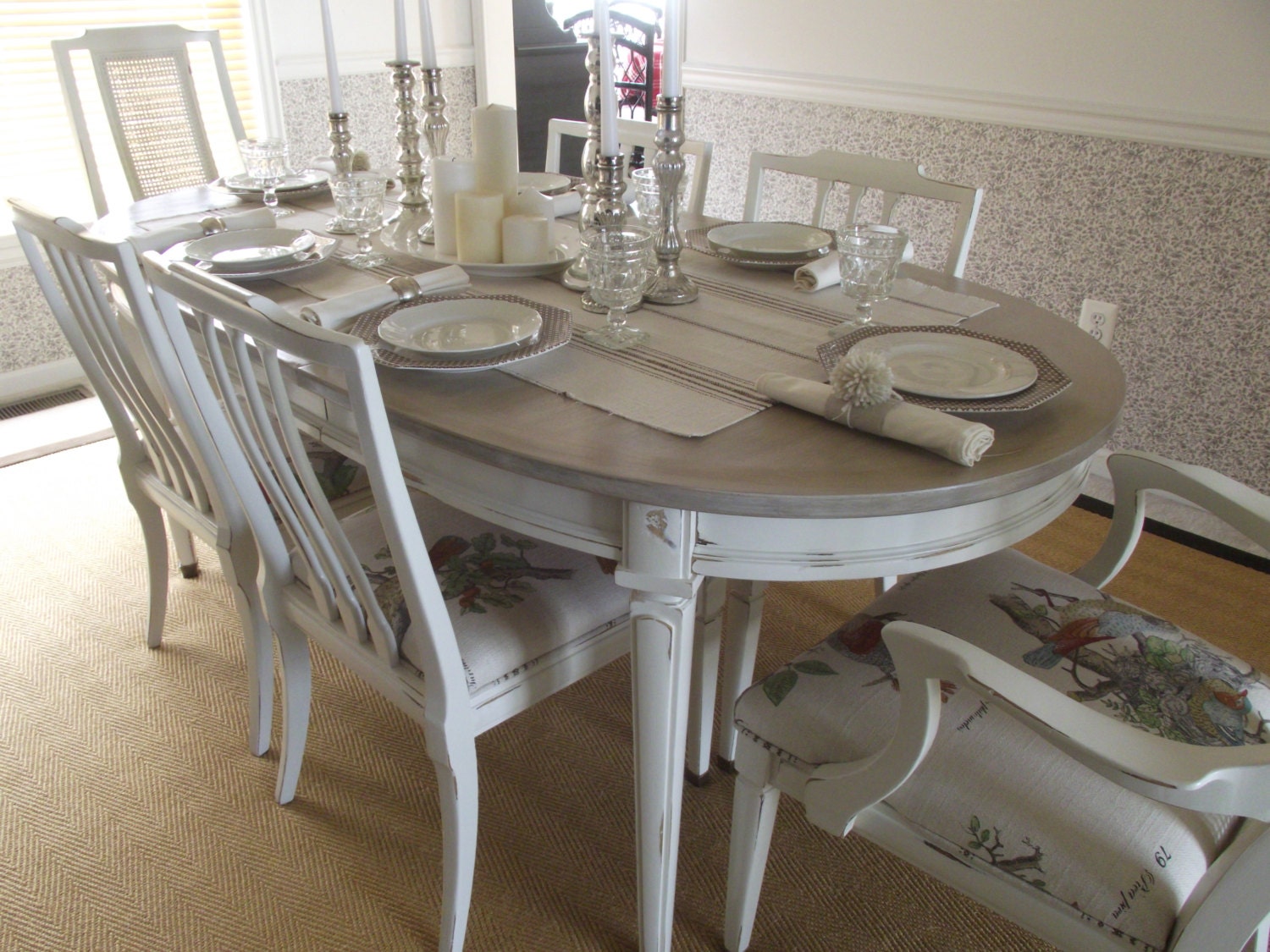 White Vintage French Country Oval Dining Table and Chairs