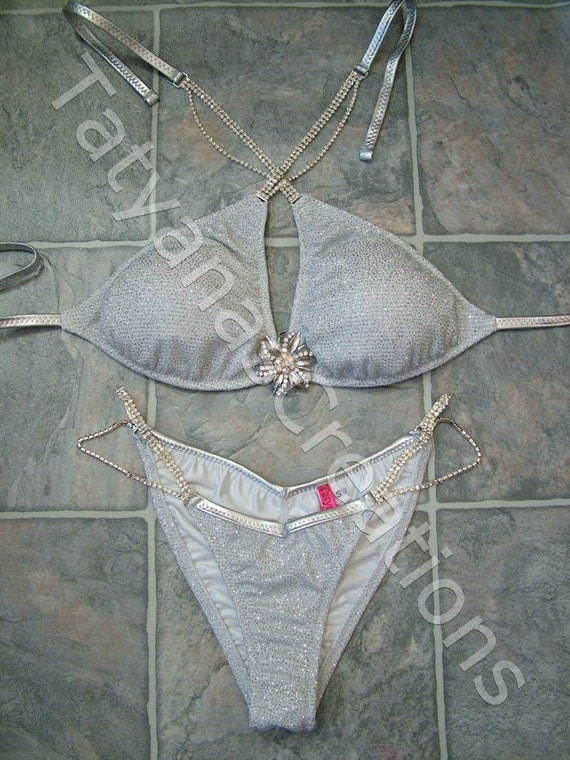 White Silver Glitter Front Cross Competition Bikini Suit D