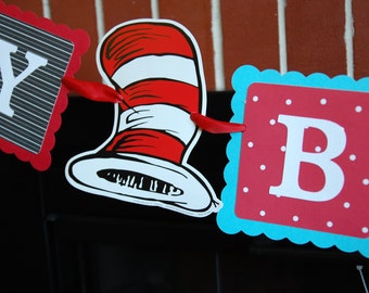 Dr Seuss Inspired Happy Birthday Banner, Cat in the Hat, Dr Seuss Birthday, Dr. Seuss Decorations