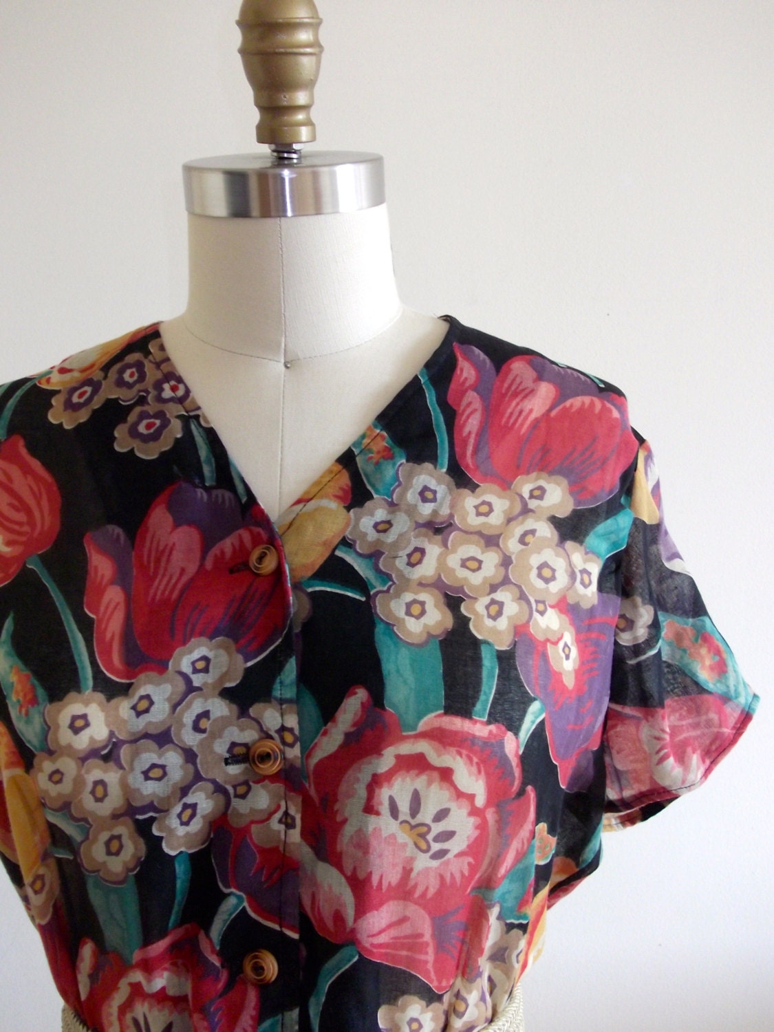 Vintage 60s Floral Blouse 1960s Ruffle Tunic by LacewingVintage