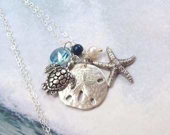 Sea Turtle Necklace, Sand Dollar Necklace, Starfish Necklace, Tropical Necklace, sterling silver, aqua, pearl, Swarovski, nautical