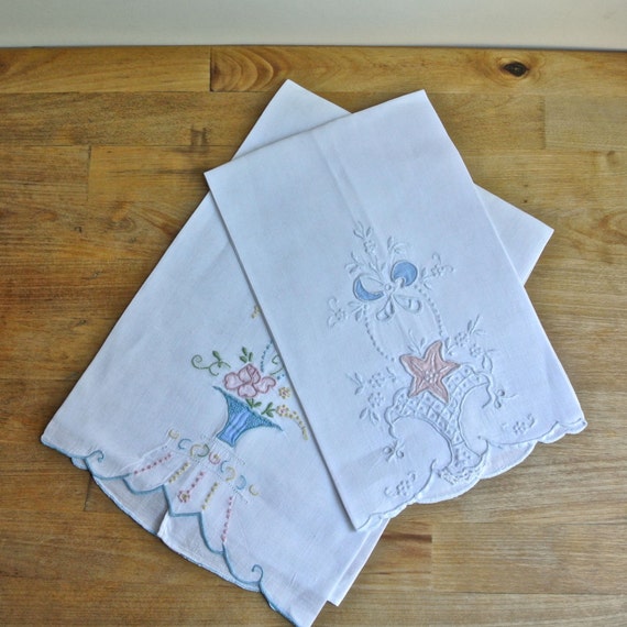 2 Handmade Embroidered Applique Linen Guest Towels.