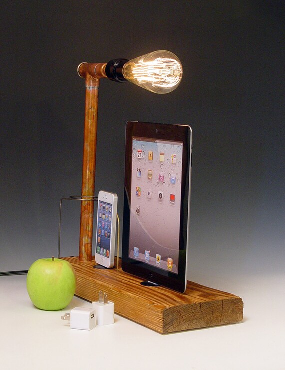 Double iPhone 3 4 5 iPad dock AND table lamp. Reclaimed