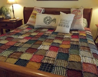 Queen Size Patchwork Rag Quilt, Made to Order, Rustic, Reversible, Homemade Quilt, Farmhouse, Country Quilt, Primitive Quilt, Queen Quilt