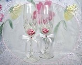 Crystal, hand decorated, wedding or anniversary champagne glasses, elegant toasting flutes with pearls and polymer clay flowers
