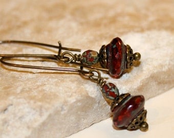Ruby red earrings, Petite dangle earrings, Red picasso earrings, Rivoli earrings